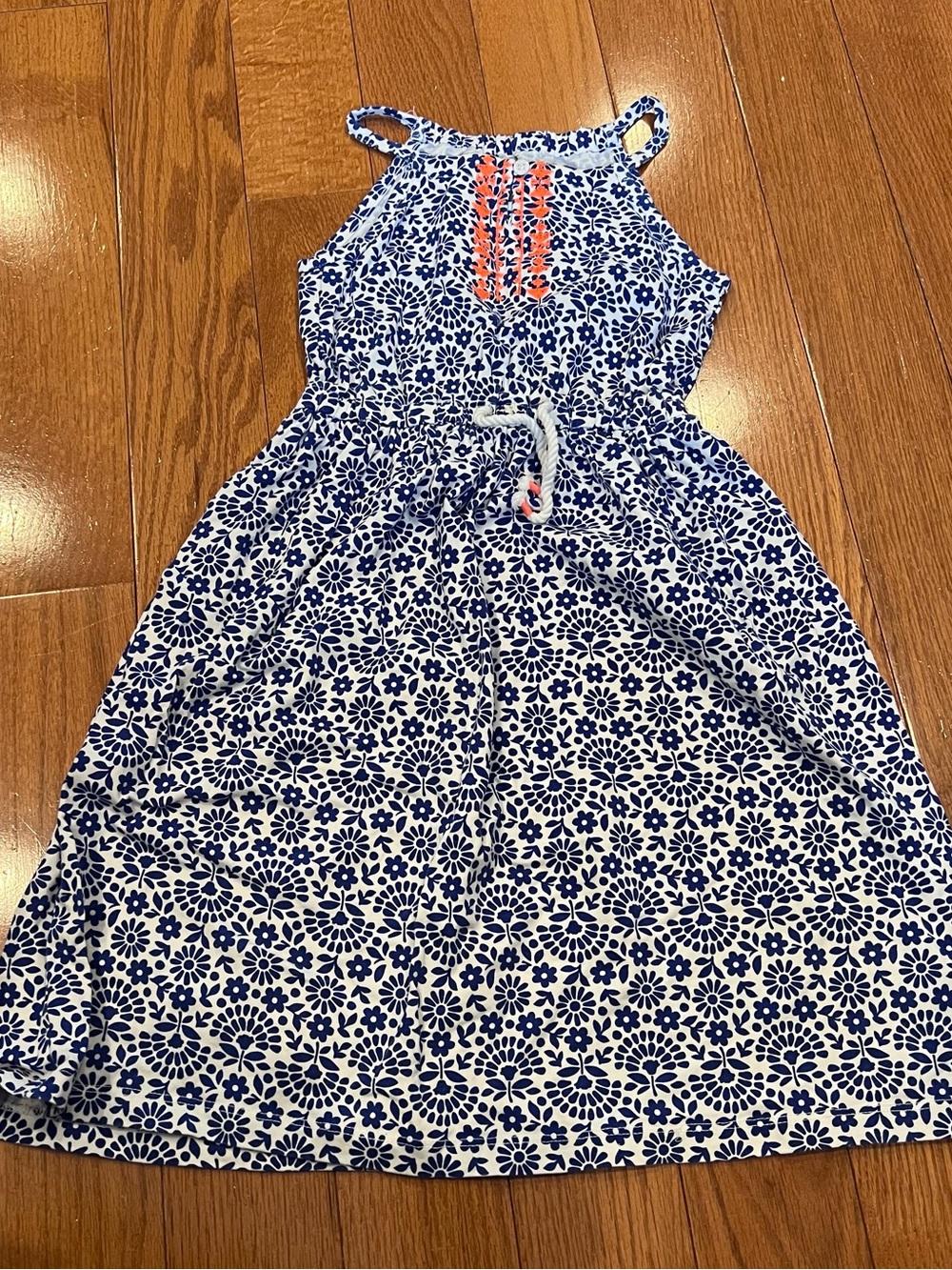 Girls Carters navy white floral drawstring waist embriodery details dress size 4
